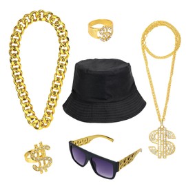 GADITIEK 6PCS Hip Hop Costume Kit, 80s 90s Hip Hop Fancy Dress, Rapper Accessories, Fake Gold Chain Bracelet, Fake Dollar Sign Necklace, Hip Hop Ring, Hippie Glasses for Women Men