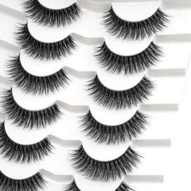 Happy Heartbeat 3D Clear Band False Eyelashes, Cat Eye, Wispy, Natural Look, Short False Eyelashes, Super Natural, Cross, Fluffy, Soft, Reusable Eyelashes, 7 Pairs, No. 207