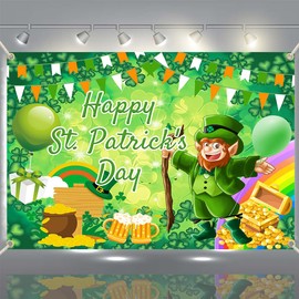 Large Happy St Patrick's Day Backdrop, 72x44 Inch Saint Patricks Day Decorations Banner for Indoor Outdooor, Shamrock Background Accessories for Party Supplies（Elf）