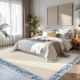 GarveeHome Washable Area Rugs for Bedroom 5x7 Living Room Modern Floral Throw Rugs Non-Slip Lightweight Thin Carpet Modern Farmhouse Print Non-Shedding Soft Low Pile Floor Cover, Beige