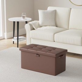 DocSafe Storage Ottoman Bench with Lock,Fireproof 30 Inches Folding Bench Foot Rest Stool Storage Chest Safe for Living Room,Bedroom,Home Office,Waterproof Leather Ottoman with Handles,Brown