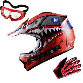 WOW Updated Youth Motocross Helmet Kids Motorcycle Bike Helmet Shark Red + Goggles + Skeleton Red Glove Bundle