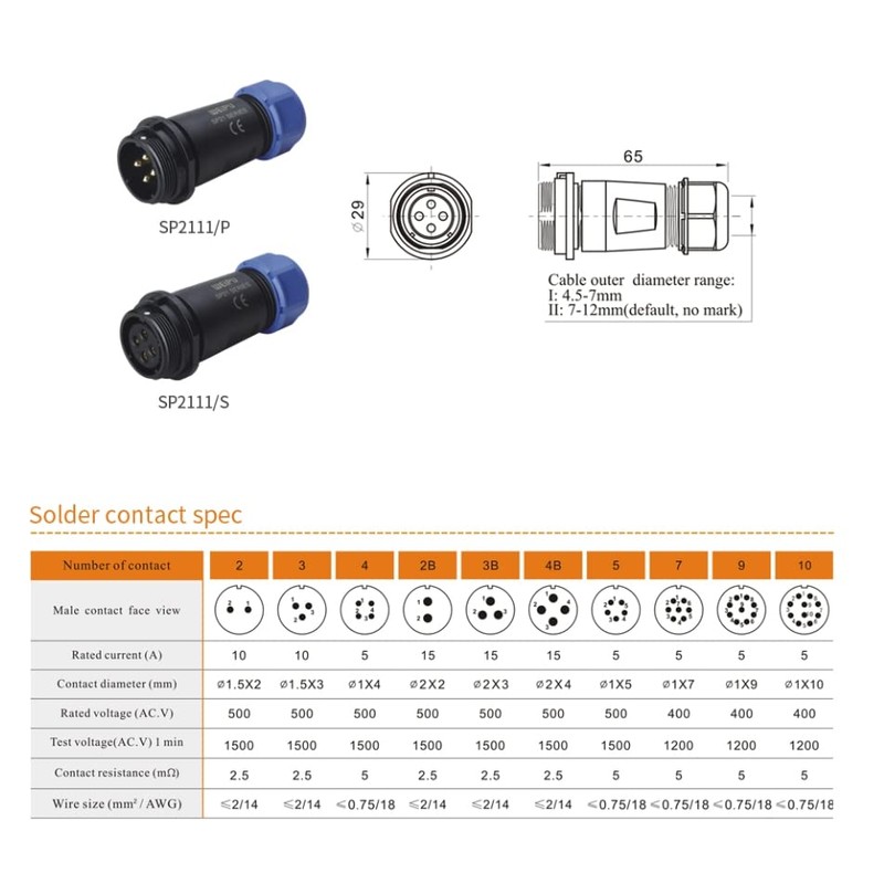 Eonvic Weipu SP21 2-12 Pin Male Waterproof Connector Plug Female