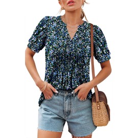 ROSELINLIN Womens Tunic Top to Wear with Leggings Short Sleeve Shirts Summer Tops Romantic Blue S