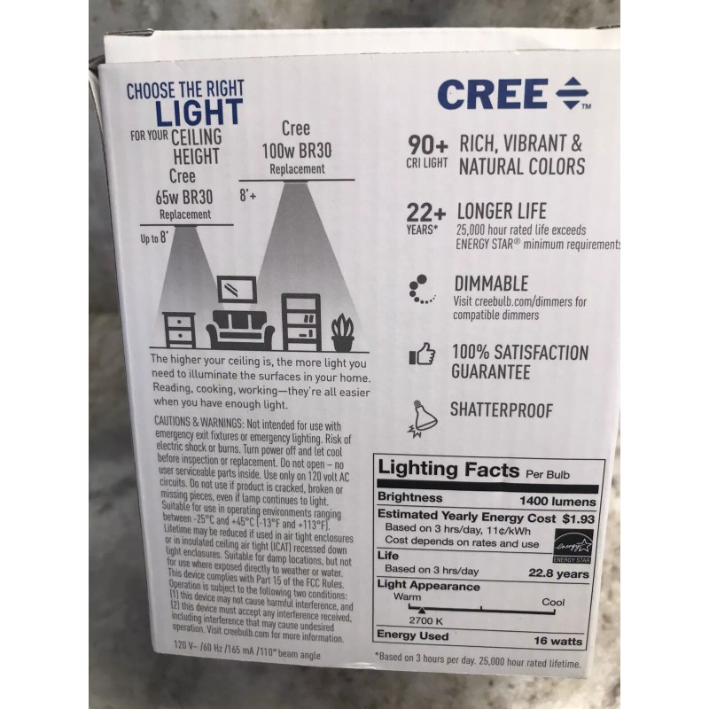 Cree 100W Equivalent Daylight (5000)BR30 Dimmable Light Quality LED Light