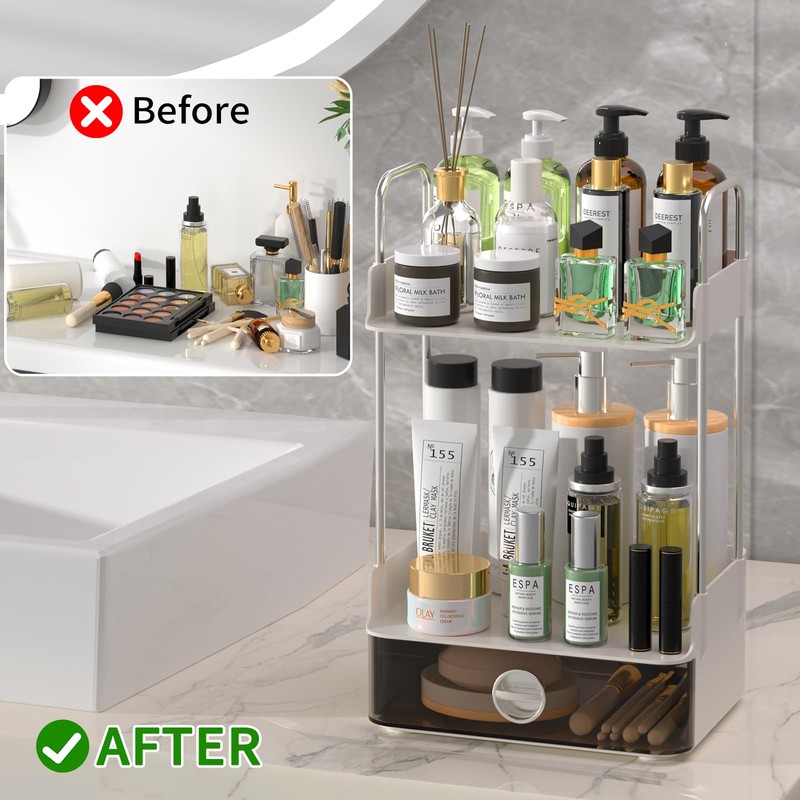 Bathroom Counter Organizer, 2 Tiered Organizer Countertop with Drawer, Makeup