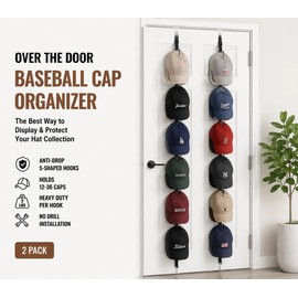 Artifino Over The Door Hat Organizer for Baseball Caps, Anti-Drop S Hooks, Holds 12-36 Caps, Adjustable Door Hat Rack, No Drill Installation, Also Great for Bags & Accessories