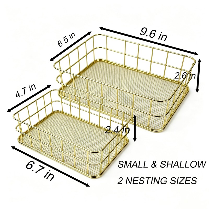 2Pcs Small Gold Wire Mesh Storage Basket Cosmetic Desk Organizer