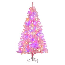 GarveeHome 6Ft Pink Christmas Tree with Lights, Prelit Snow Flocked Artificial Christmas Tree with 250 Multi Color LED, 751 Branch Tips, Fake Xmas Pine Tree for Home Office Party Decorations