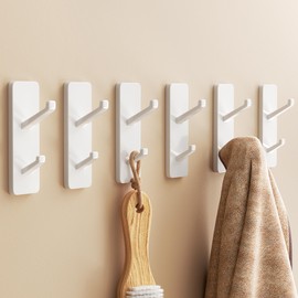 susswiff Self Adhesive Wall Hooks for Hanging: Stick on Hold 13 LB,Towel Hooks for Bathroom Kitchen, Shower Door Hanger for Coat, Metal, Stainless, White 6 Pack