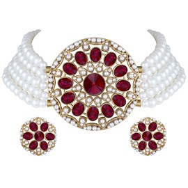 Aheli Kundan Pearl Choker Multi Layered Collar de cuentas Pendientes Set Joyería de boda tradicional india para mujeres niñas (granate blanco)