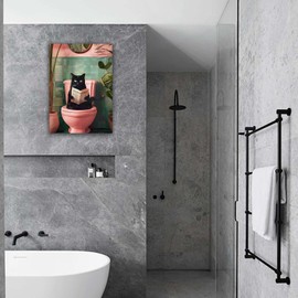 Qiukoo Funny Cat Toilet Picture – Framed Bathroom Sign with Hooks, Humorous Wall Art for Bathroom Decor, Quirky Cat Wall Artwork for Toilet or Guest Loo,12x16 Inch