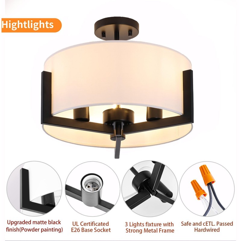 Mecuss 16 inch Semi Flush Mount Ceiling Light: 3-Light Black