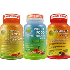 SUPPLEMENTS STUDIO SUPPLEMENTS STUDIO Vegan Whole Food Daily Multivitamin with Iron - Bundle up with - Liposomal Vitamin C 1500mg Capsules & Quercetin with Bromelain Vitamin C and Zinc with Organic Whole Food Blend