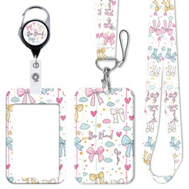 Bow Lanyards for ID Badges, ID Badge Holder Heavy Duty and Retractable Reel Clip, Cute Sliding Vertical Card Case for Keys, Women, Men, Teachers, Nurses, Daily Office