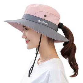 Womens Summer Mesh Wide Brim Sun UV Protection Hat with Ponytail Hole, Pink, One Size