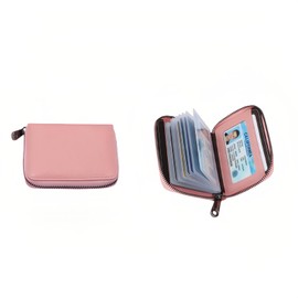 Geettcaifu Genuine Leather Credit Card Holder, Wallet Case, Bank Card Case, RFID Blocking Secure Card Case, ID Case, Organizer Zipper Wallet 1 Pcs - Pink