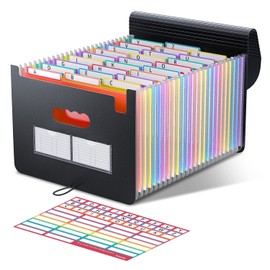 26 Pockets Accordian File Folder Organizer, Expanding Filing Box A4 Letter Size Expandable File Folders, Plastic Accordion Document Paper Coupon Bill Receipt Organizer with 3 A-Z Alphabet Colored Tabs