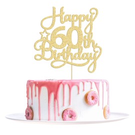 1 paquete de decoración para tarta de 60 cumpleaños con purpurina dorada de 60 años y fabulosas alegrías a 60 años de edad, para celebrar el 60 aniversario de cumpleaños, suministros de decoración de pasteles