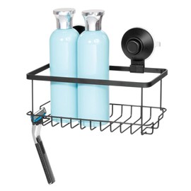 iDesign Everett Metal Push Lock Suction Shower Caddy, Extra Space for Shampoo, Conditioner, and Soap with Hooks for Razors, Towels, Loofahs, and More, 9.1" x 4.53" x 3.63", Matte Black