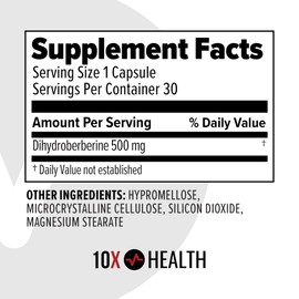 10X Health Berberine Supplement 500mg - Contains Dihydroberberine Supplement for Better Absorption - Supports Cardiovascular & Gut Health Supplements for Women & Men - 30 Capsules