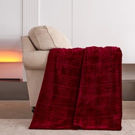 KORBLISS Super Soft Flannel Twin Blanket 60x80 Inches, Premium Checkered Jacquaed Silky Fleece Lightweight Bed Blanket All Season Use, Burgundy Strip, 60"x80"