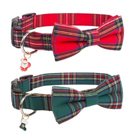 PTDECOR Christmas Dog Collar with Bow, Adjustable Christmas Plaid Dog Collars with Removable Bowtie Christmas Collars for Large Dogs Pets (Red&Green, Large)