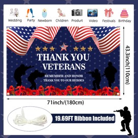 Veterans Day Decorations Backdrop 71x43 Inch – Thank You Veterans Patriotic Banner for Memorial Day & Veterans Day, Large Indoor/Outdoor Photography Background with 19.69ft Ribbon & 4 Brass Grommets