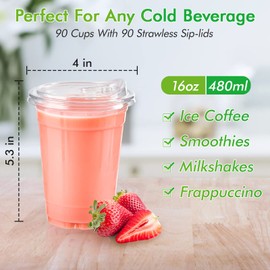 Lilymicky Lilymicky 16oz Clear Plastic Drinking Cups (90 Pack) with Strawless Sip Lids, Disposable Cups for Iced Coffee, Smoothie, Slurpee, or Any Cold Drinks