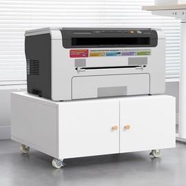 Warmiehomy Metal Printer Stand with Storage Mobile Printer Tables for Small Spaces with Door Printer Cabinet on Wheels for Home Office (White)