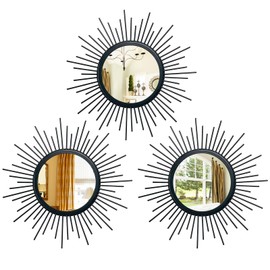 Cityelf 3 Set Black Sunburst Mirrors for Wall Decorative Metal Mirrors Small Mirror Sets Wall Decor Hanging Mirror Wall Sculpture for Bedroom Living Room Entryway