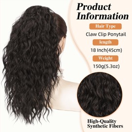 BOGSEA Ponytail Extension, Claw Clip Ponytail Extension for Women 18'' Long wavy Pony Tail Extension Natural Looking Synthetic Hairpiece for Daily Use (2#)