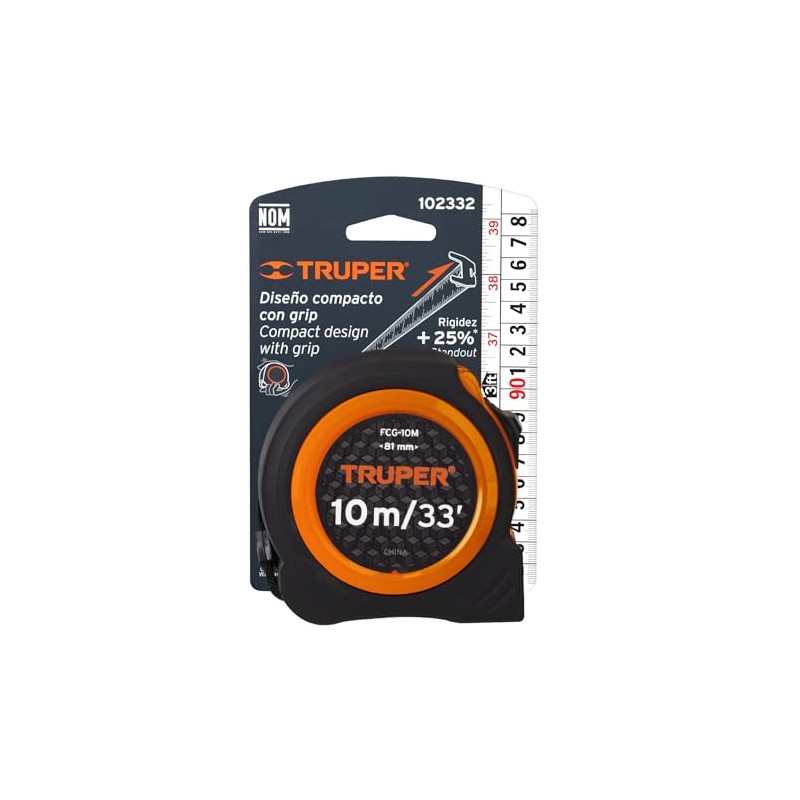 Truper FCG-10M Flexómetro compacto 10 m con grip cinta 25