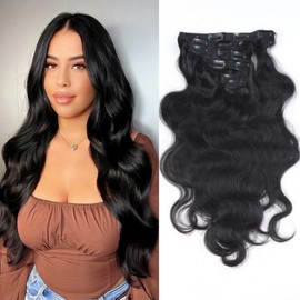 Unipearl Body Wave Clip in Hair Extensions 20 Inch 7Pcs 120g Hair Extensions Clip in Real Human Hair, Natural Black Color Double Weft Hairpieces for Women