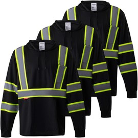 ProtectX Men's High Visibility Heavy Duty Long Sleeve Reflective Safety T-Shirts for Construction, Class 2-3 Type R Hoodie Black - Medium