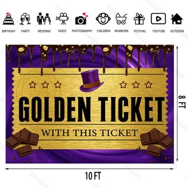 TOAOFY 10x8FT Golden Ticket Chocolate Backdrop Chocolate Factory Candy Ticket Happy Birthday Photo Background Kids Girls Birthday 1st Party Decorations Banner Photo Props Supplies TAYBDJ857
