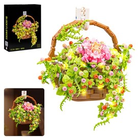 SATHIBI - Juego de bloques de ramo de flores, cesta de flores, plantas bonsái con luz led, decoración de pared de colección botánica, juguete creativo, regalo para adultos y niños, 691 piezas