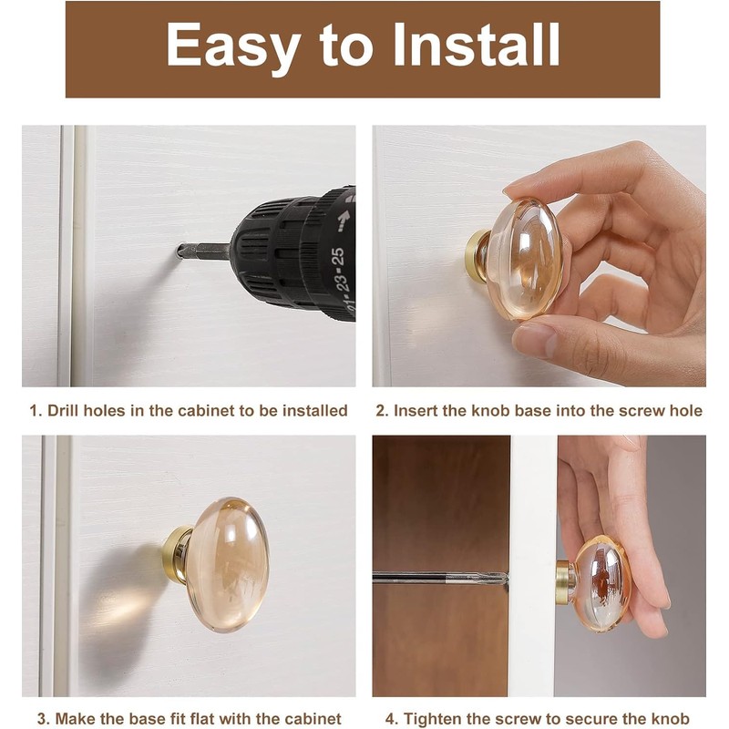 CLCTK 16 Pack Gold Champagne Crystal Cabinet Knobs, Oval Glass