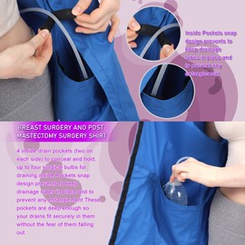 Mastectomy - Camisa de recuperación postoperatoria con bolsillos de drenaje ocultos, acceso al puerto para reconstrucción mamaria, Azul, X-Large