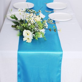 10 Pack Satin Table Runner 12 x 108 Inch Long Bright Silk Smooth Fabric Table Runners for Wedding, Birthday Parties, Banquets Decorations - Turquoise