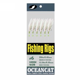 Ocean CAT 10Packs 6 Hook/Set Fishing Rigs White Feather Fishskin String Hook Fishing Lure Saltwater Freshwater Bait Rig Tanckle 2/0#1/0#2#4#6#8#10#12#14 (White, 1#)