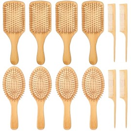 Juego de 12 cepillos de bambú para el cabello, cepillo de madera natural para mujeres y hombres, masaje del cuero cabelludo, punta redonda, cerdas de 