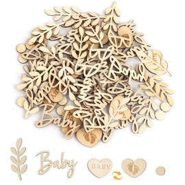70Pcs Baby Shower Confetti Wooden, Neutral Baby Shower Table Confetti with 20 Alphabet Baby, 20 Leaf, 10 Heart, 20 Circle, Baby Shower Table Decorations for Unisex Boys Girls