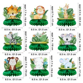 Winlyn 9 Pcs Jungle Safari Animals Honeycomb Table Centerpieces Tiger Lion Giraffe Hippo Tropical Leaves for Boys Girls Baby Showers Wild Forest Theme Birthday Party Nursery Classrooms Decorations