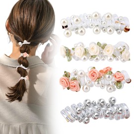 4pcs Elastic Spiral Hair Ties, 4 Colors Elegant Pearl Flower Phone Telephone Cord Wire Thick Hairband Ponytail Holders for Women Stylish Bendable Hair Band Accessories for Wear Special Occasions