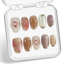 Pink Flower Press on Nails Luxury 3D Pearl Embossed Designs Muti-Layer Gel False Nails Full Cover Short Almond Acrylic Nails Handmade Press on Nails French Tip Stick on Nails for Women (Size M)