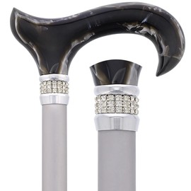Black Marble Designer Derby Handle Walking Cane w/Rhinestone Collar