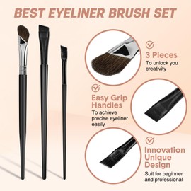 MUIIGOOD 3 Pcs Eyeliner Brushes Set, Fine Angled Eyeliner Eyebrow Concealer Brushes, Upgraded Sickle Ultra Thin Extra thin Eyeliber Brush Slanted Flat Angle for Beauty Cosmetic Tool
