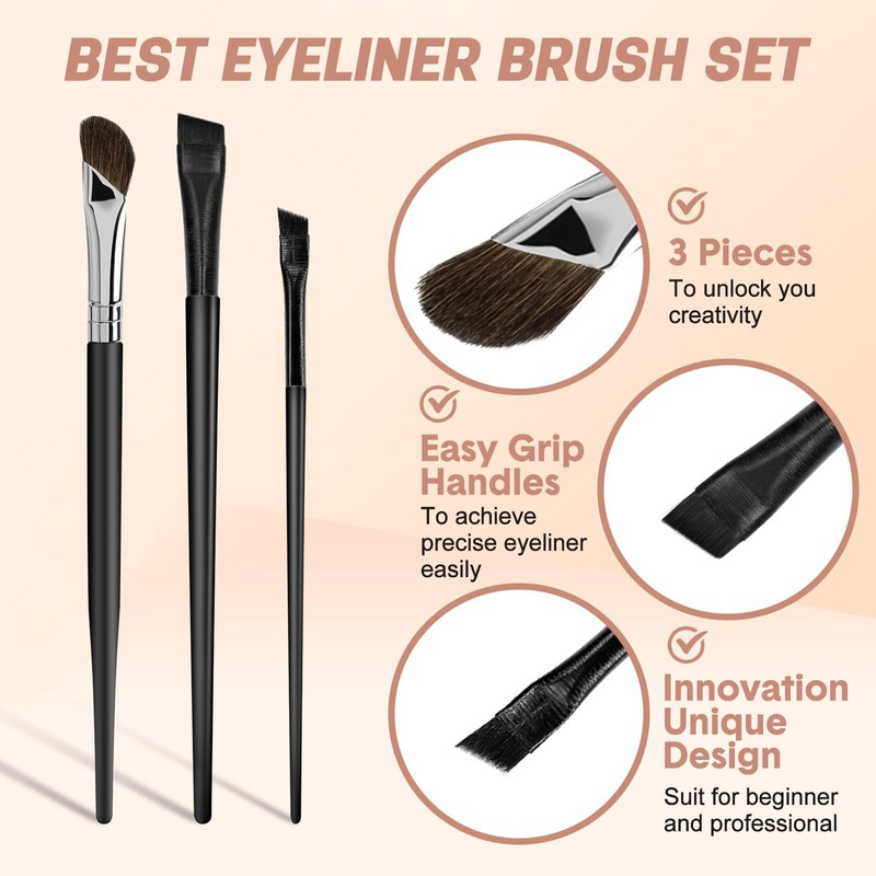 MUIIGOOD 3 Pcs Eyeliner Brushes Set, Fine Angled Eyeliner Eyebrow