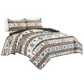 Western Peak 3 Piece Horse Cowboy Hat and Boots Native Indian Pattern Print Quilt Bedding Set with Pillow Shams (Beige, King)